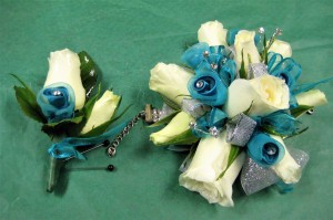 Rose Wrist Corsage & Boutonniere with teal ribbon roses